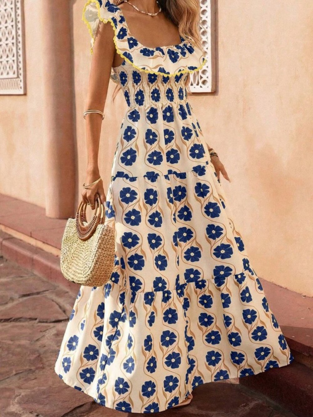 Navy Blue Boho Women's Elegant Long Dress with Ruffle - Picture 7 of 7